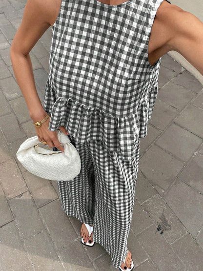 A-Line Loose Plaid Pleated Split-Joint Round-Neck Vest Top + Pants Bottom Suits