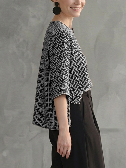 Long Sleeves Contrast Color Printed Round-Neck Blouses&Shirts Tops