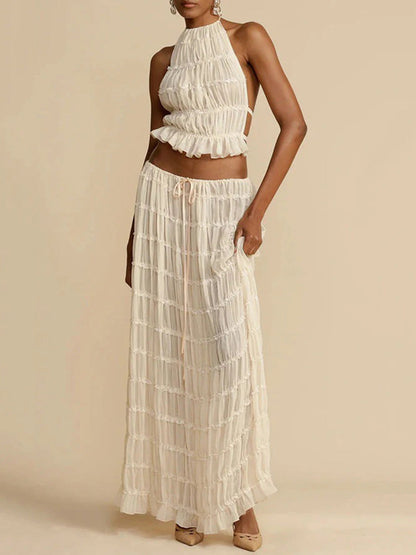 Pleated Solid Color Textured Halter-Neck Cropped Backless Ruffled Tank Top + Tied Waist High Waisted Skirts Bottoms Two Pieces Set