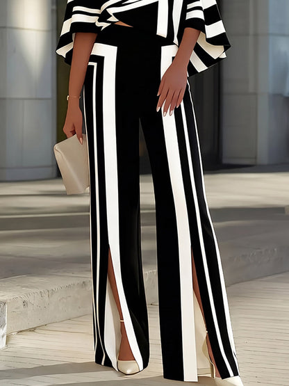Striped Split-front Contrast Color Wide Leg High Waisted Trousers Pants