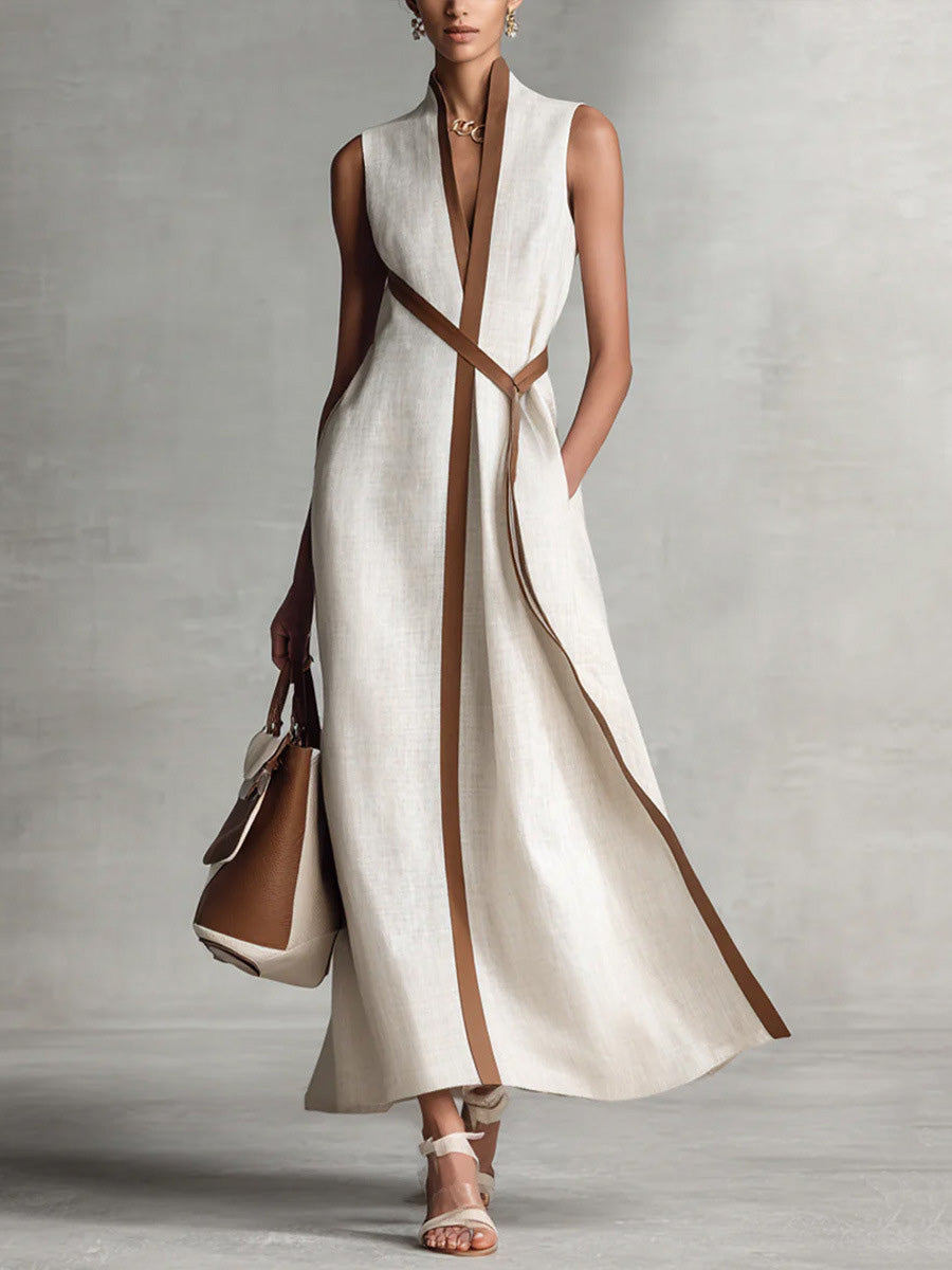 Loose Sleeveless Contrast Color Pockets Round-Neck Maxi Dresses