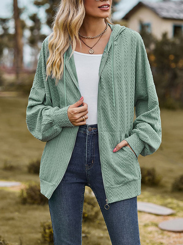 Long Sleeves Loose Drawstring Hooded Pockets Solid Color Zipper V-Neck Outerwear