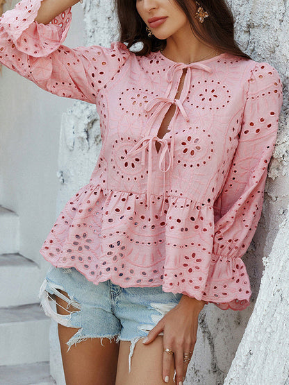 Long Sleeves Loose Elasticity Hollow Pleated Solid Color Tied Round-Neck Blouses&Shirts Tops