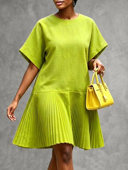 Loose Short Sleeves Pleated Solid Color Split-Joint Round-Neck Mini Dresses