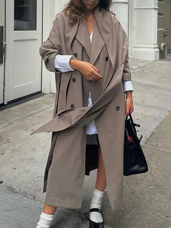 Long Sleeves Loose Buttoned Pockets Solid Color Split-Joint Notched Collar Outerwear Trench Coats