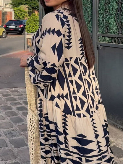 A-Line Long Sleeves Buttoned Contrast Color Pleated Printed Split-Joint Stand Collar Maxi Dresses Shirt Dress