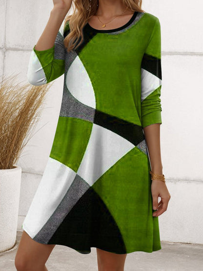 A-Line Irregularity Asymmetric Printed Split-Joint Striped Round-Neck Midi Dresses