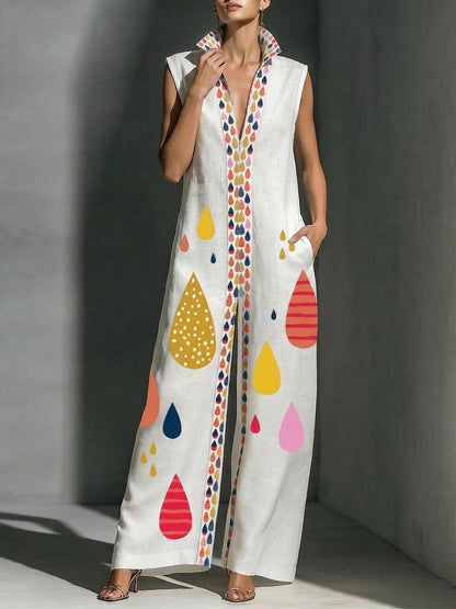 Column Loose Contrast Color Pockets Printed Split-Joint Stand Collar Jumpsuits