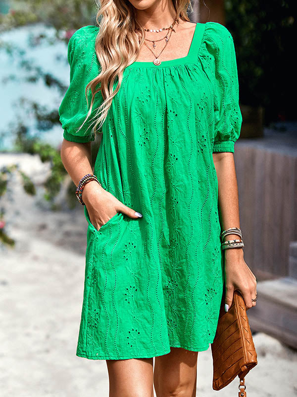 Loose Puff Sleeves Jacquard Solid Color Square-Neck Mini Dresses