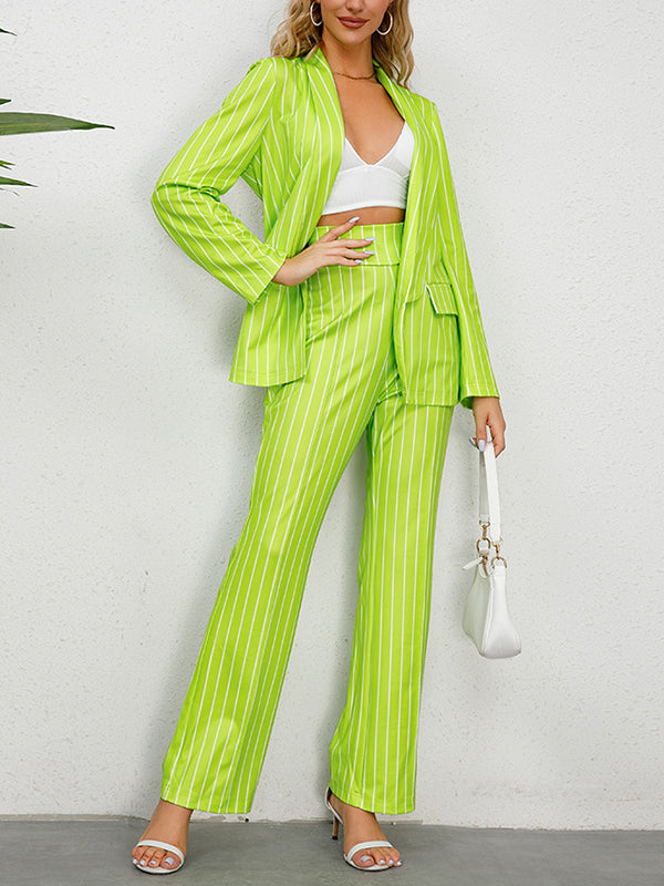 Long Sleeves Striped Lapel Blazer Top + Wide Leg Pants Bottom Two Pieces Set