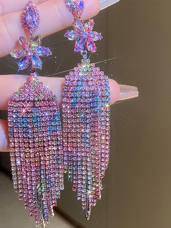 Flower Shape Gradient Rhine Stones Tasseled Drop Earrings