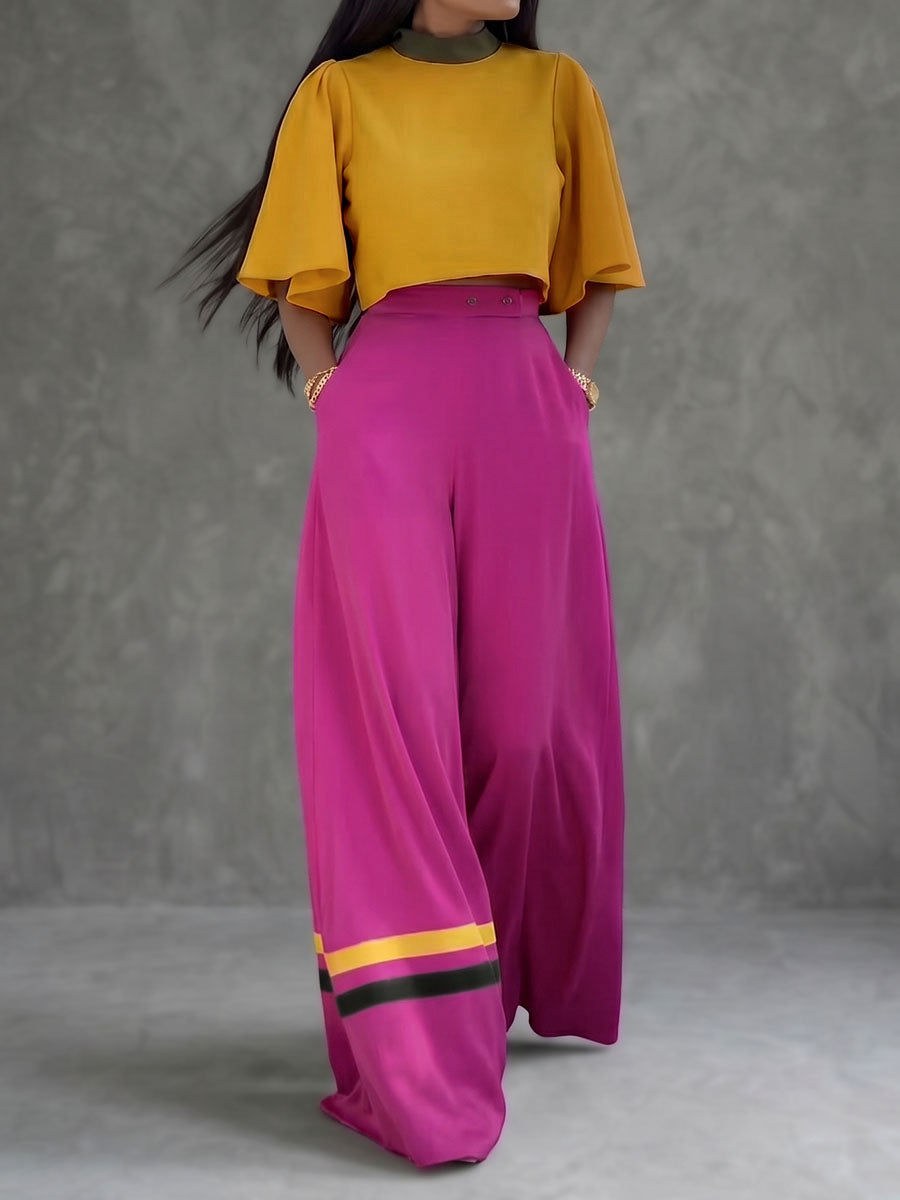 Cropped Flared Sleeves Contrast Color Pleated Stand Collar Blouses&Shirts Tops