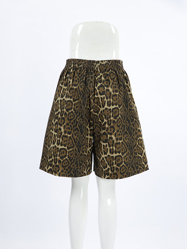 High Waisted Loose Elasticity Leopard Pockets Split-Joint Zipper Shorts Bottoms