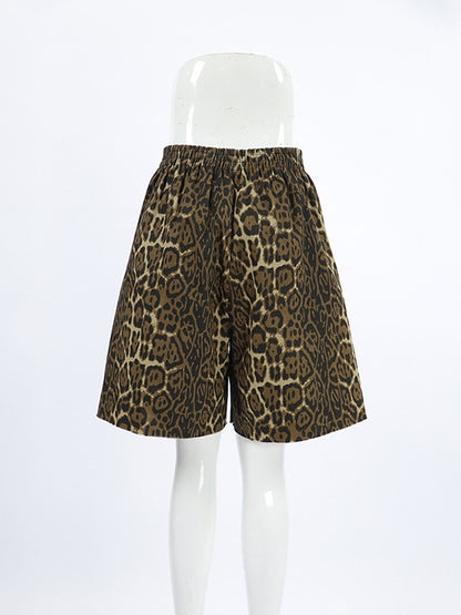 High Waisted Loose Elasticity Leopard Pockets Split-Joint Zipper Shorts Bottoms