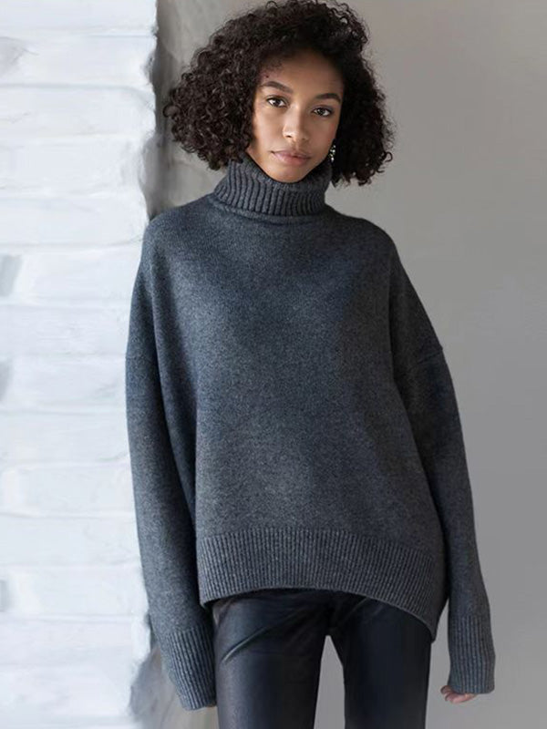 Casual Long Sleeves Loose Solid Color High-Neck Sweater Tops