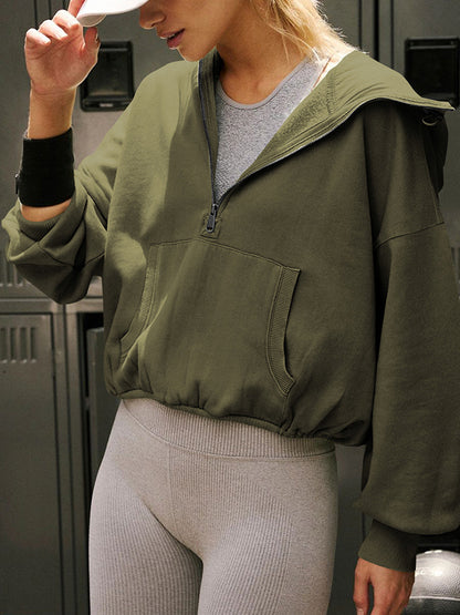 Loose Puff Sleeves Drawstring Split-Joint Zipper Hooded Hoodies Tops