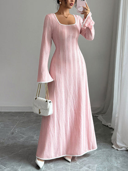 A-Line Bodycon Ribbed Knit Split-Joint Square-Neck Maxi Dresses