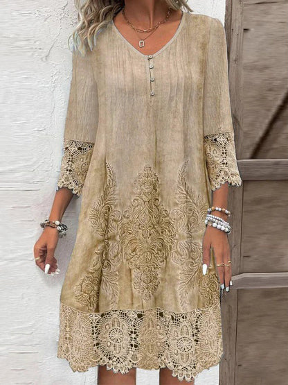 A-Line Long Sleeves Flower-Embellished Buttoned Contrast Color Split-Joint V-Neck Midi Dresses