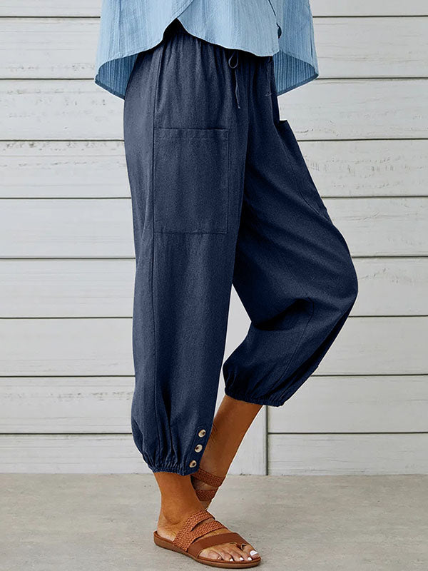 High Waisted Loose Buttoned Drawstring Elasticity Pockets Split-Joint Ninth Pants Trousers
