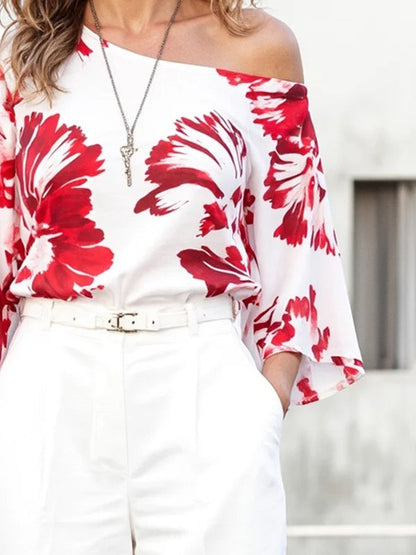 Long Sleeves Loose Contrast Color Flower Print One-Shoulder Blouses&Shirts Tops