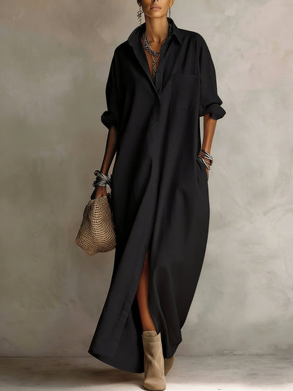 Long Sleeves Loose Buttoned Pockets Solid Color Lapel Maxi Dresses Shirt Dress