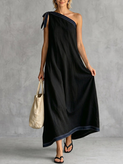 A-Line Sleeveless Asymmetric Contrast Color One-Shoulder Maxi Dresses