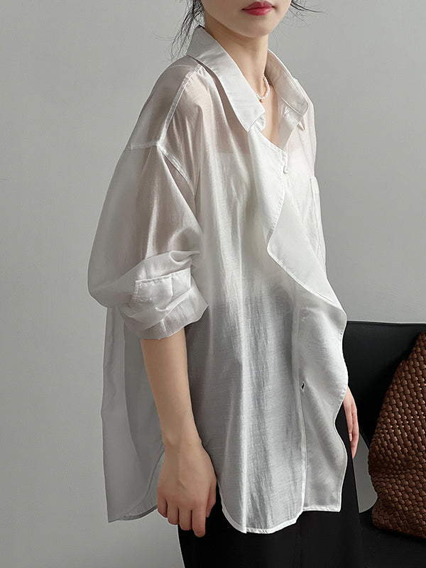 Irregular Clipping Long Sleeves Solid Color Lapel Blouses&Shirts Tops