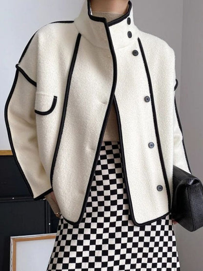Long Sleeves Loose Buttoned Contrast Color Stand Collar Jackets Outerwear