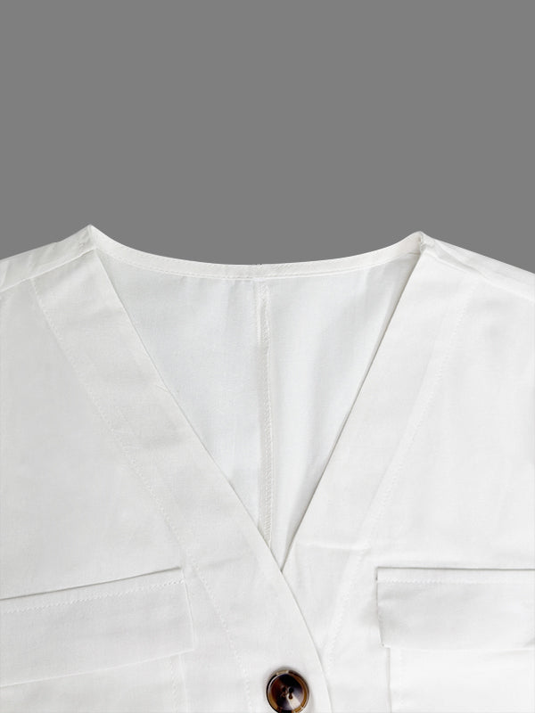 Loose Short Sleeves Buttoned Pockets Solid Color V-Neck Jumpsuits