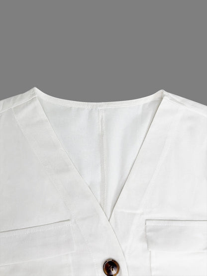 Loose Short Sleeves Buttoned Pockets Solid Color V-Neck Jumpsuits