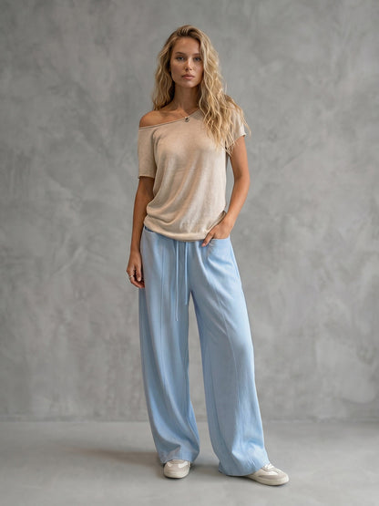 Loose Wide Leg Drawstring Pockets Solid Color Pants