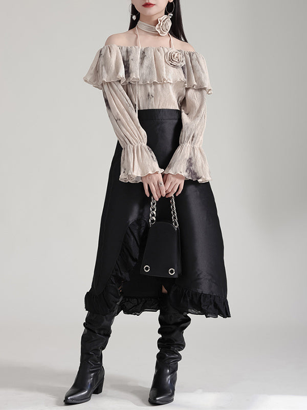 High Waisted Asymmetric Ruffled Solid Color Split-Joint Skirts Bottoms