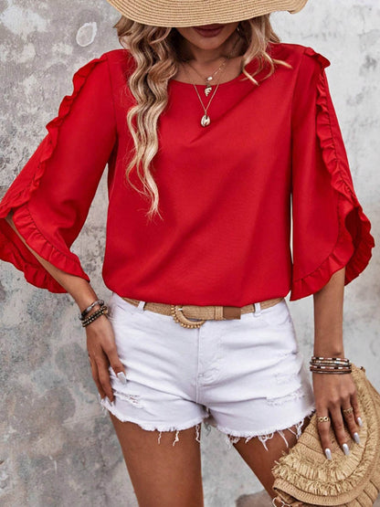 Batwing Sleeves Long Sleeves Ruffled Solid Color Split-Joint Round-Neck Blouses&Shirts Tops