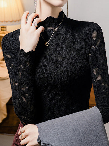 Long Sleeves Plus Size Crochet Hollow Solid Color Mock Neck T-Shirts Tops
