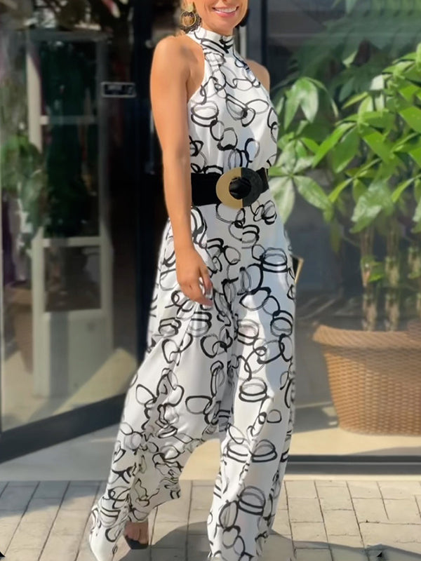 High Waisted Loose Contrast Color No Belt Tied Halter-Neck Jumpsuits