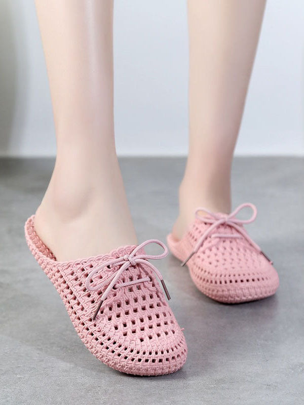 Hollow Lace-Up Round-Toe Mules&Slides Slippers