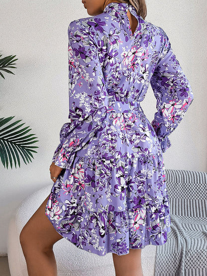 A-Line High Waisted Elasticity Flower Print Pleated Tied Waist Stand Collar Mini Dresses