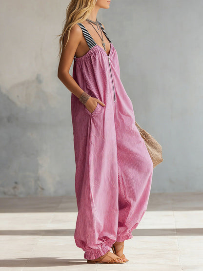 Loose Sleeveless Adjustable Elasticity Pleated Pockets Split-Joint Striped Zipper Deep V-Neck Jumpsuits