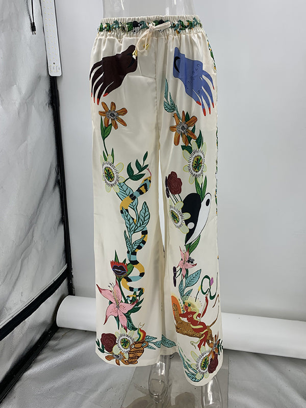 Half Sleeves Loose Buttoned Flower Print Pockets Lapel T-Shirt Top + Drawstring Elasticity Pants Bottom Two Pieces Set