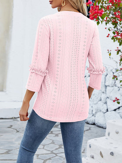 Loose Three-Quarter Sleeves Jacquard Solid Color V-Neck T-Shirts Tops