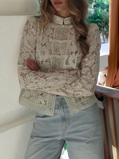 Long Sleeves Crochet Hollow Knot Solid Color Split-Joint Stand Collar Blouses&Shirts Tops