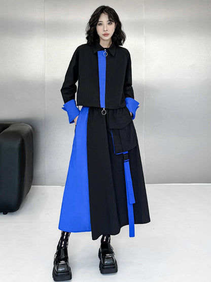 Asymmetric Contrast Color Split-Joint Lapel Blouses&Shirts Tops + A-Line Elasticated Waist Pockets Streamer Skirts Bottoms Two Pieces Set