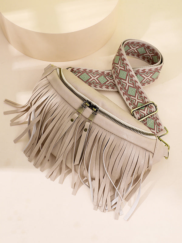 Geometric Tasseled Zipper Crossbody Bags