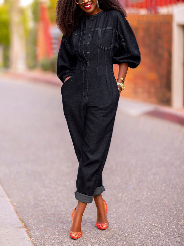 Puff Sleeves Split-Joint Round-Neck Jumpsuits