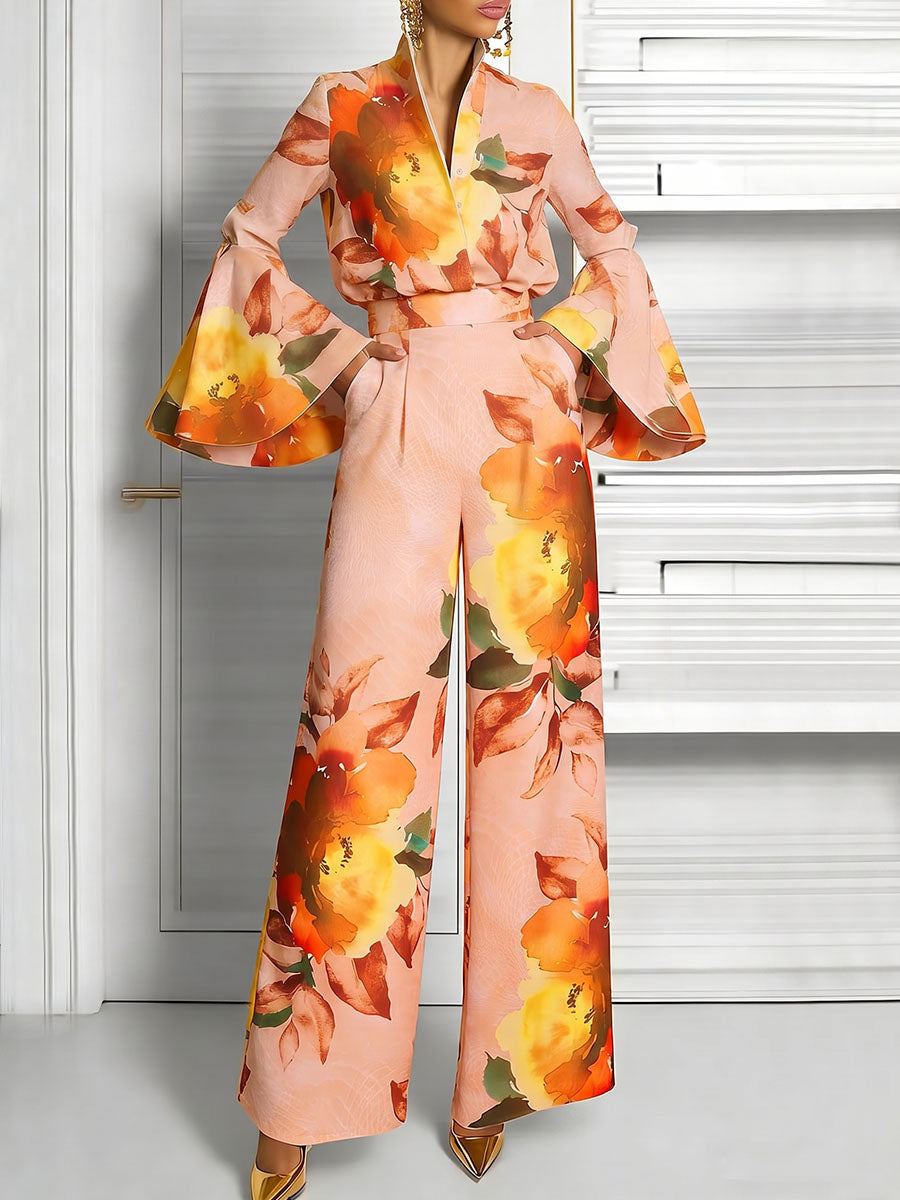 Pleated Flower Print Contrast Color Long Sleeves Flared Sleeves V-neck Blouses&shirts Tops