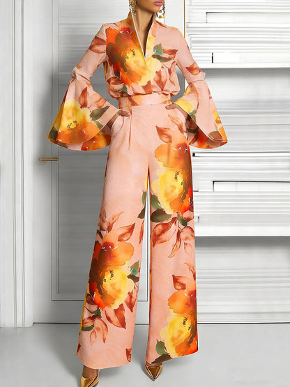 Pleated Flower Print Contrast Color Long Sleeves Flared Sleeves V-neck Blouses&shirts Tops