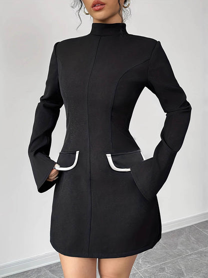 A-Line Flared Sleeves Contrast Color Pockets Split-Joint Zipper Mock Neck Mini Dresses