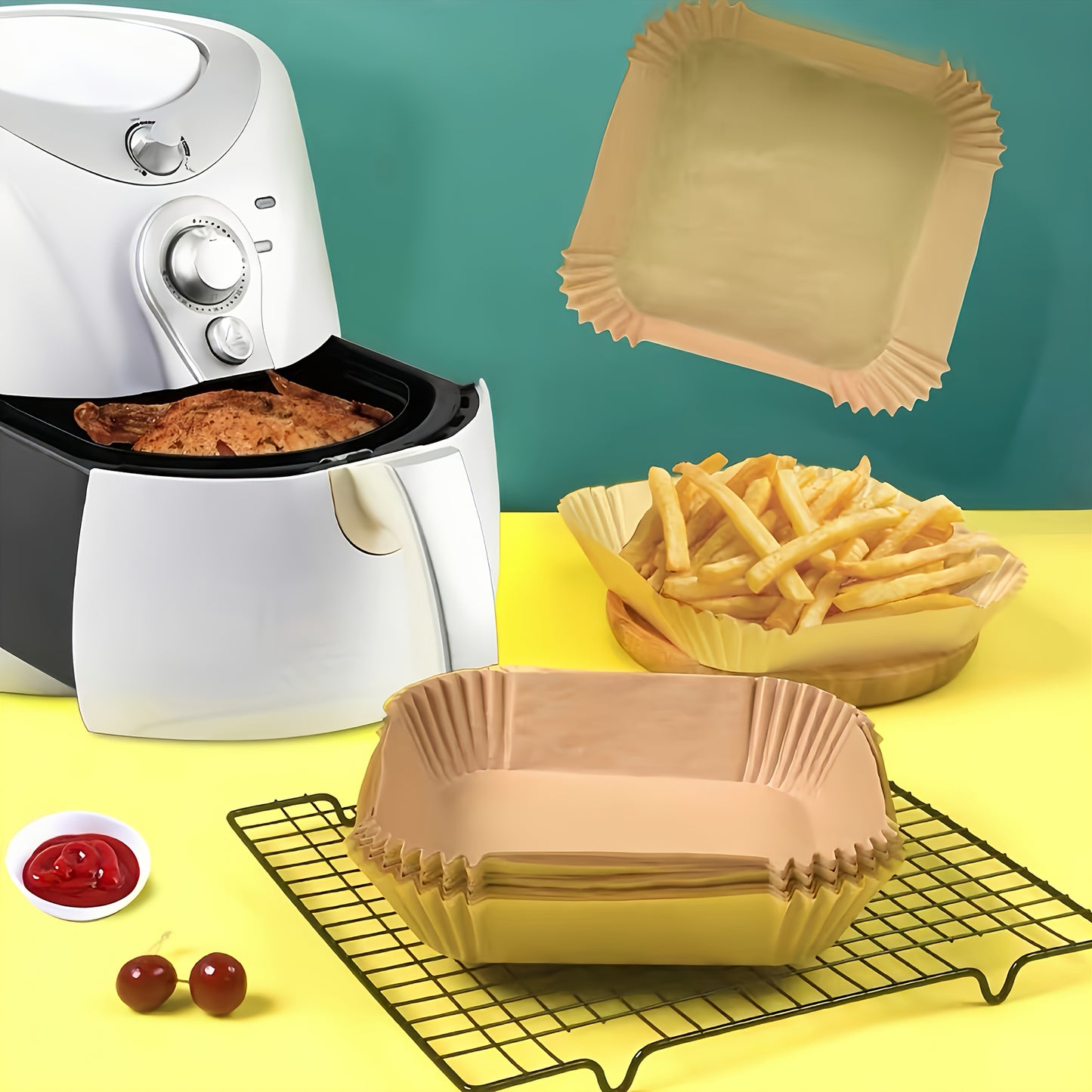120 pieces of non-stick air fryer pad paper - Premium single layer with grooved edge design for safe cooking, easy cleaning and healthy eating - ideal for baking/grilling and microwave ovens, versatile kitchen accessories, home