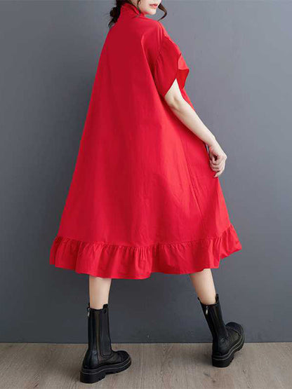 Loose Short Sleeves Asymmetric Buttoned Ruffled Solid Color Three-Dimensional Flower Lapel Midi Dresses