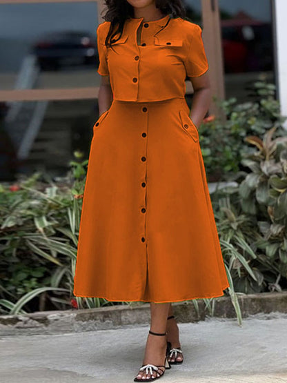 Buttoned Pockets Split-Joint Round-Neck T-Shirt Top + A-Line High Waisted Skirts Bottom Two Pieces Set